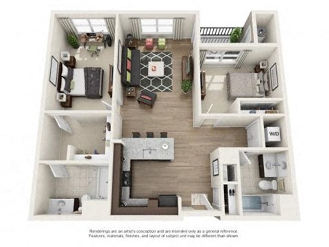 Floor plan for 2 beds, 2 baths, 1135 sqft